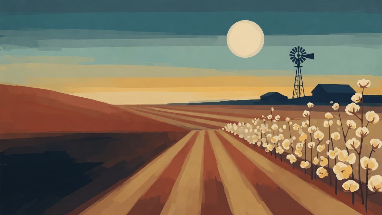 Cotton fields at twilight near 11 Mile Corner, Arizona