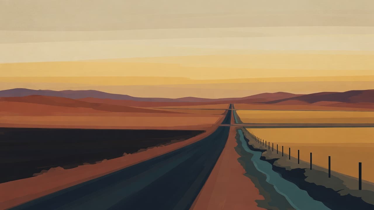 An empty desert road running toward distant hills