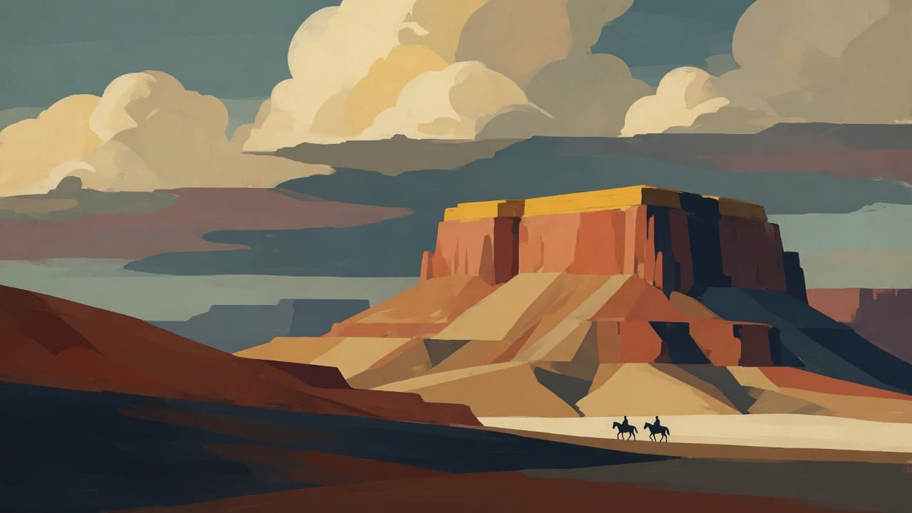A desert mesa under sculpted clouds at dusk