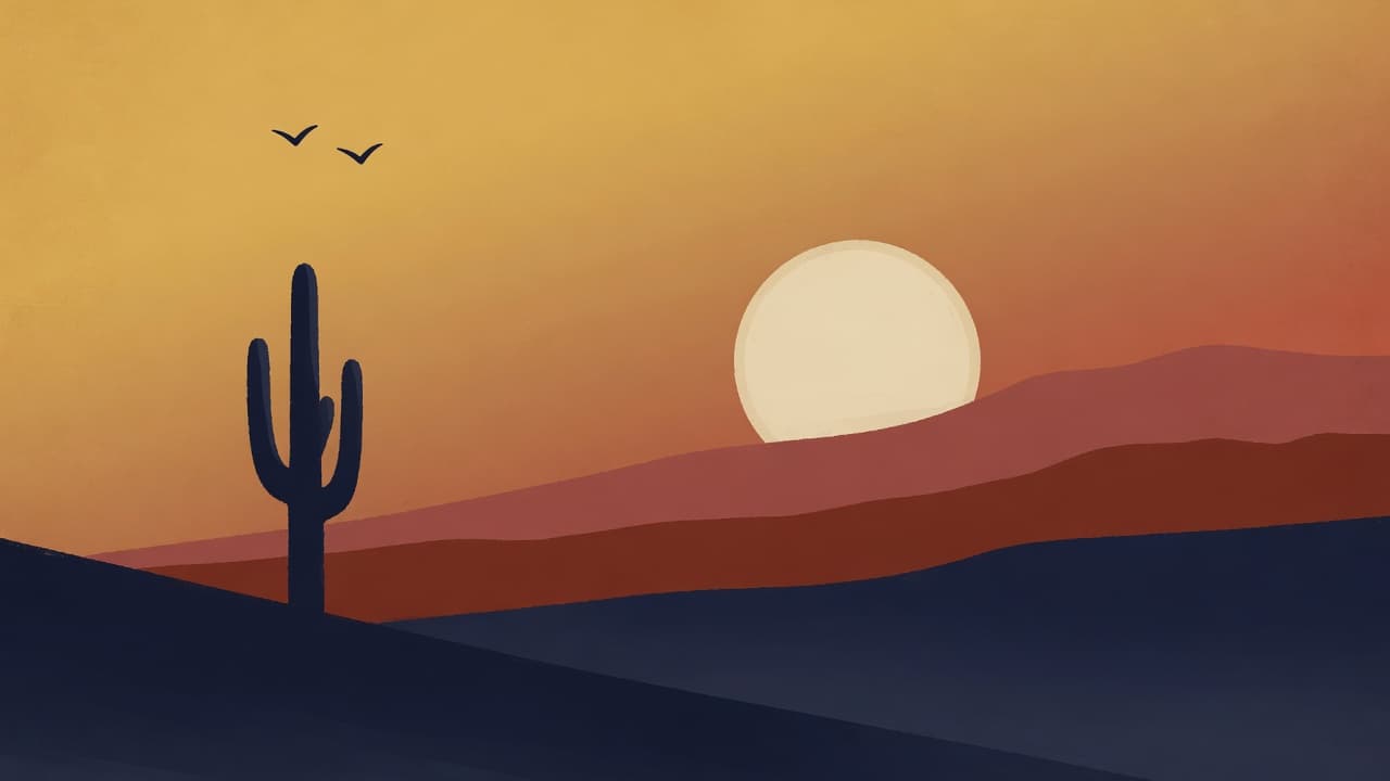 A saguaro at dusk beneath a hard-edged sun disc